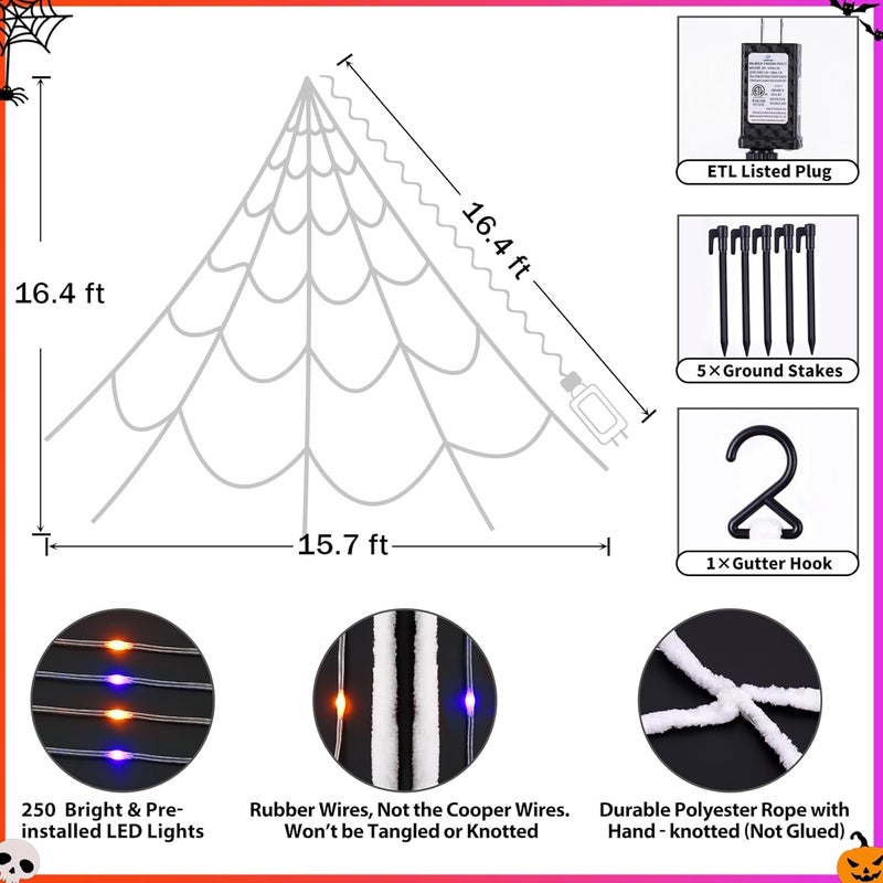 Zivilic Halloween Spider Web Lights 250 LED Lighted Spider Web Giant 16.4Ft Halloween Decorations Light up with 8 Lighting Modes Waterproof & Timer for Outdoor Indoor Yard Haunted House Decor, Purple & Orange - Image 3
